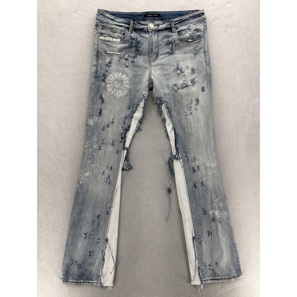 Embellish Floral Embroidered Jeans Mens 34x36 Blue Light Wash Distressed Denim